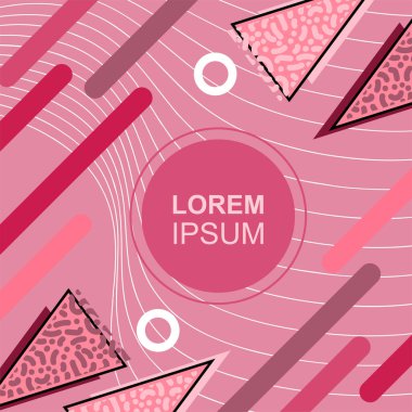 Çeşitli geometrik şekilli, süslemeli ve metin alanlı soyut arkaplan kare kartı. Geometrik memphis tarzıyla kare duvar kağıdı. Sosyal medya içeriği için kare biçiminde poster.