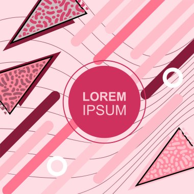 Çeşitli geometrik şekilli, süslemeli ve metin alanlı soyut arkaplan kare kartı. Geometrik memphis tarzıyla kare duvar kağıdı. Sosyal medya içeriği için kare biçiminde poster.