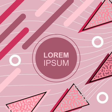 Çeşitli geometrik şekilli, süslemeli ve metin alanlı soyut arkaplan kare kartı. Geometrik memphis tarzıyla kare duvar kağıdı. Sosyal medya içeriği için kare biçiminde poster.