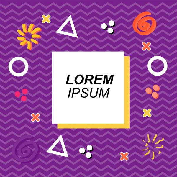 Çeşitli geometrik ve organik şekilli süslemeleri olan soyut arkaplan kare kartı. Sosyal medya içeriği için metin alanı olan kare poster. Geometrik memphis tarzıyla kare duvar kağıdı.