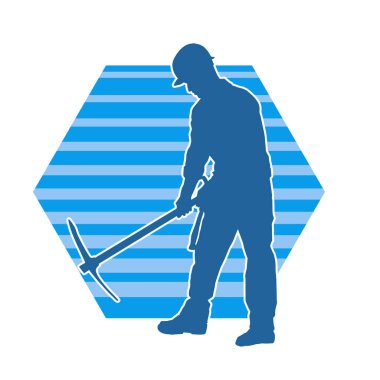 Görev sırasında baltayla dolaşan işçi kostümlü bir adamın silüeti. Bir madencinin hareket halindeki silueti balta aracı ile poz verir.