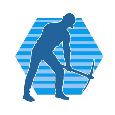 Görev sırasında baltayla dolaşan işçi kostümlü bir adamın silüeti. Bir madencinin hareket halindeki silueti balta aracı ile poz verir.