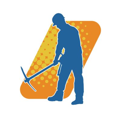 Görev sırasında baltayla dolaşan işçi kostümlü bir adamın silüeti. Bir madencinin hareket halindeki silueti balta aracı ile poz verir.