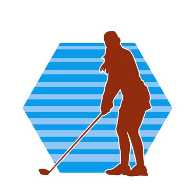Golf oynayan bir kadının silüeti. Hareketli bir kadın golfçünün silueti..