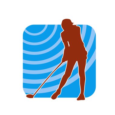 Golf oynayan bir kadının silüeti. Hareketli bir kadın golfçünün silueti..