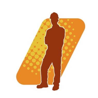 İnşaat işçisi kostümlü bir adamın silueti. İnşaat işçisinin silueti pozda.. 