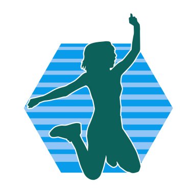 Neşeli bir şekilde atlayan mutlu, zayıf bir kadının silueti.