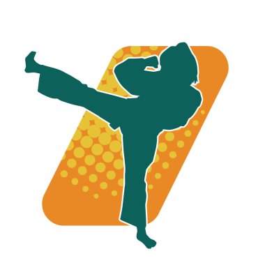 Tekmeleyen bir kadının silueti. Hareket halindeki bir kadın dövüş sanatının silüeti..