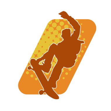 Hareket halindeki bir erkek silueti kaykay üzerinde poz veriyor. Kaykaylı bir şehir çocuğunun silueti..