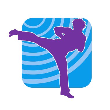 Dövüş sanatları pozu veren bir erkeğin silueti. Dövüş sanatları ustasının silueti tekme atma pozu veriyor..