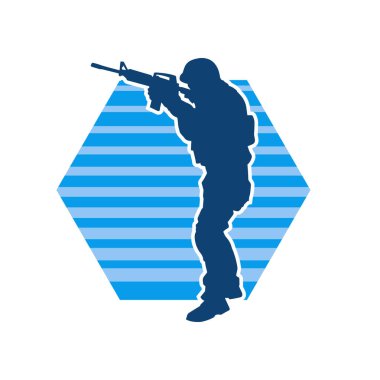 Silhouette of a male soldier carrying machine gun weapon. Silhouette of a sniper shooter in action. clipart