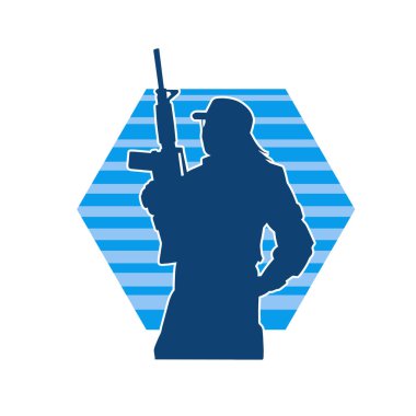 Harekete geçmiş bir kadın dövüşçünün silueti uzun kollu silahla ateş ediyor. Hareket halindeki bir avcı silueti..