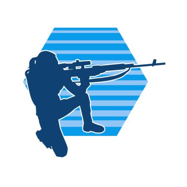 Harekete geçmiş bir kadın dövüşçünün silueti uzun kollu silahla ateş ediyor. Hareket halindeki bir avcı silueti..