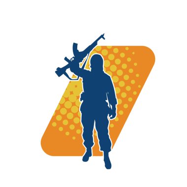 Silhouette of a male soldier carrying machine gun weapon. Silhouette of a sniper shooter in action. clipart