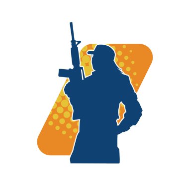 Harekete geçmiş bir kadın dövüşçünün silueti uzun kollu silahla ateş ediyor. Hareket halindeki bir avcı silueti..