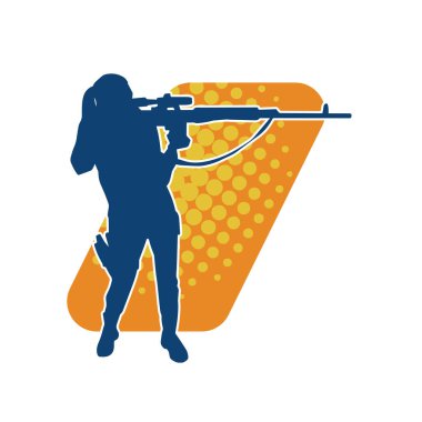 Harekete geçmiş bir kadın dövüşçünün silueti uzun kollu silahla ateş ediyor. Hareket halindeki bir avcı silueti..