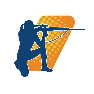 Harekete geçmiş bir kadın dövüşçünün silueti uzun kollu silahla ateş ediyor. Hareket halindeki bir avcı silueti..