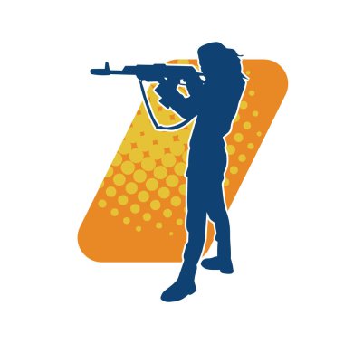 Harekete geçmiş bir kadın dövüşçünün silueti uzun kollu silahla ateş ediyor. Hareket halindeki bir avcı silueti..