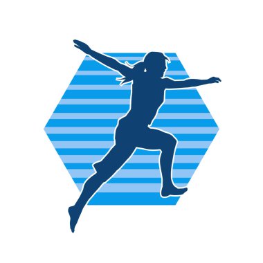 Sportif bir kadın atlama pozunun silüeti. Bir kadının silueti spor atlama pozu