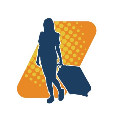 İnce moda bir kadın yolcunun silueti seyahat valizi taşıyor.