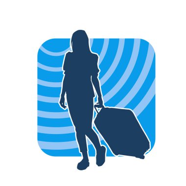 İnce moda bir kadın yolcunun silueti seyahat valizi taşıyor.