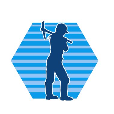 Bir inşaat işçisinin silueti kazma baltasıyla iş başında. Ağır işlerde çalışan bir madencinin silueti..