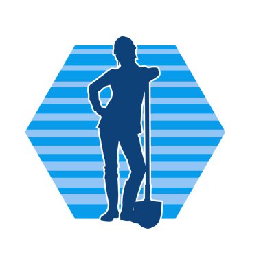 Elinde kürek aleti olan, miğfer takan bir kadın işçinin silüeti..