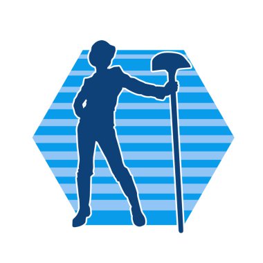 Elinde kürek aleti olan, miğfer takan bir kadın işçinin silüeti..