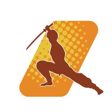 Kung fu 'nun silueti ya da Wushu dövüş sanatları sporcusu pozu. Kılıçlı bir erkek dövüş sanatının silueti..