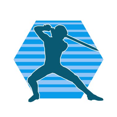 Bir erkek savaşçının silueti kılıçla poz veriyor. Kılıç taşıyan bir savaşçının silueti..