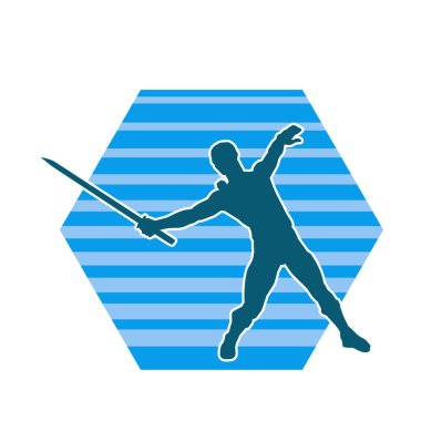 Bir erkek savaşçının silueti kılıçla poz veriyor. Kılıç taşıyan bir savaşçının silueti..