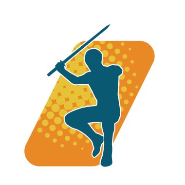 Bir erkek savaşçının silueti kılıçla poz veriyor. Kılıç taşıyan bir savaşçının silueti..