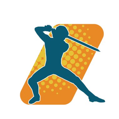 Bir erkek savaşçının silueti kılıçla poz veriyor. Kılıç taşıyan bir savaşçının silueti..