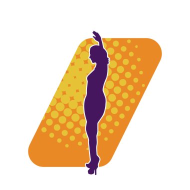 Hareketli pozlarda mini etek giyen bir kadın dansçının silueti. Zayıf bir kadının silueti mutlu bir şekilde dans ediyor..