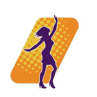 Hareketli pozlarda mini etek giyen bir kadın dansçının silueti. Zayıf bir kadının silueti mutlu bir şekilde dans ediyor..