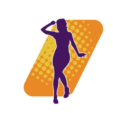 Hareketli pozlarda mini etek giyen bir kadın dansçının silueti. Zayıf bir kadının silueti mutlu bir şekilde dans ediyor..