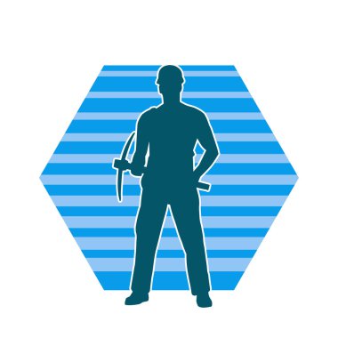 Görev sırasında baltayla dolaşan işçi kostümlü bir adamın silüeti. Bir madencinin hareket halindeki silueti balta aracı ile poz verir.