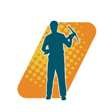 Görev sırasında baltayla dolaşan işçi kostümlü bir adamın silüeti. Bir madencinin hareket halindeki silueti balta aracı ile poz verir.