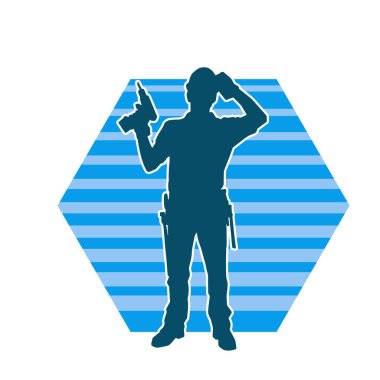 Matkap aletleri taşıyan inşaat işçisi kostümlü bir adamın silueti. İnşaat işçisi erkek silueti elektrikli matkapla hareket halinde poz veriyor. 