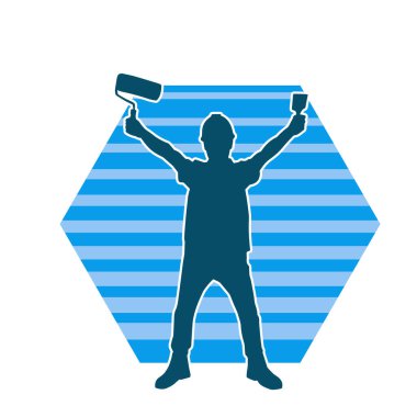 Boya işi yapan bir erkek işçinin silüeti. Bir iç ressamın silueti..