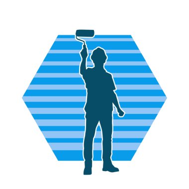 Boya işi yapan bir erkek işçinin silüeti. Bir iç ressamın silueti..