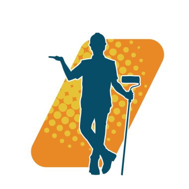 Boya işi yapan bir erkek işçinin silüeti. Bir iç ressamın silueti..