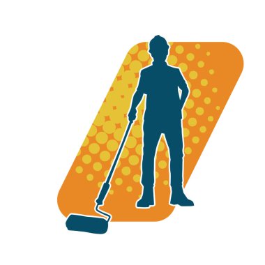 Boya işi yapan bir erkek işçinin silüeti. Bir iç ressamın silueti..