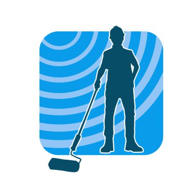 Boya işi yapan bir erkek işçinin silüeti. Bir iç ressamın silueti..