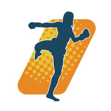 Tekmeleyen bir kadının silueti. Hareket halindeki bir kadın dövüş sanatının silüeti..