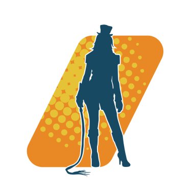 Süslü kıyafetli, kırbaç taşıyan seksi bir kadın dansçının silueti. .