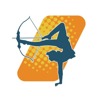 Kadın okçunun silueti akrobatik pozu hedefliyor..