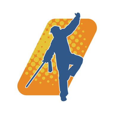 Kung fu 'nun silueti ya da Wushu dövüş sanatları sporcusu pozu. Kılıçlı bir erkek dövüş sanatının silueti..