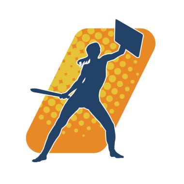 Savaş zırhlı bir kadın savaşçının silueti. Kılıç ve demir kalkan taşıyor..