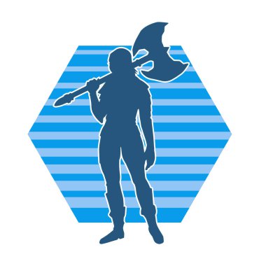 Savaş zırhı giymiş baltalı seksi bir kadın savaşçının silueti.